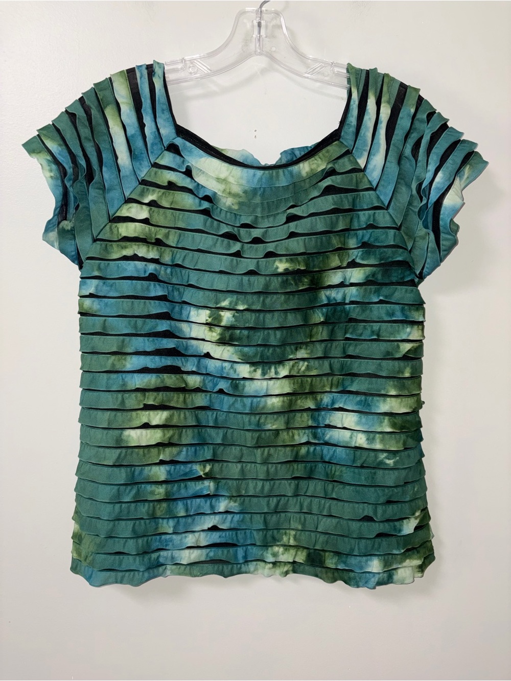 New Directions Blue Green Mermaid Fairy Ruffled Layers Top Square Neck XL